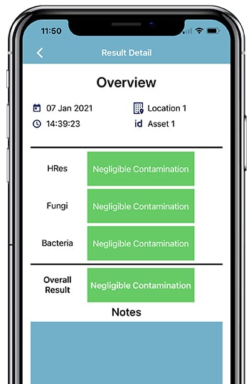 An app showing test results from the Conidia Bioscience test kit which can detect Diesel Bug among other microbial issues