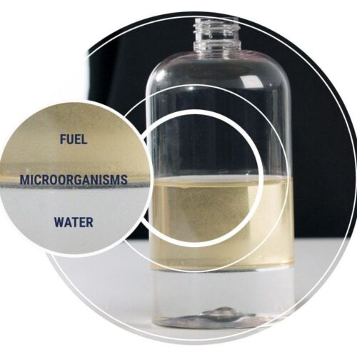 A fuel sample that has separated into the water at the bottom, the diesel fuel on top and the micro-organisms in between.